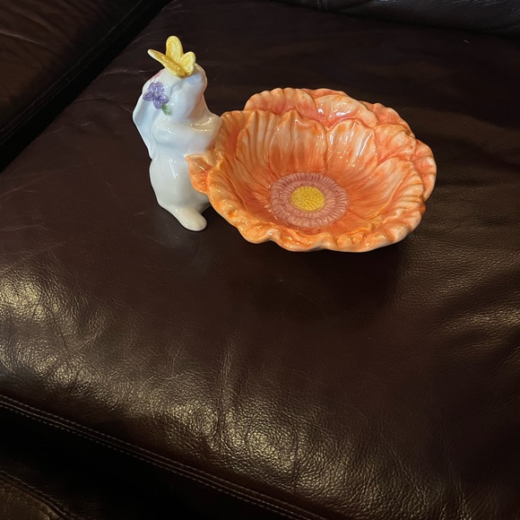 Bunny Candy Dish Pier 1 Imports Big Orange Poppy Flower W/ White Rabbit New.